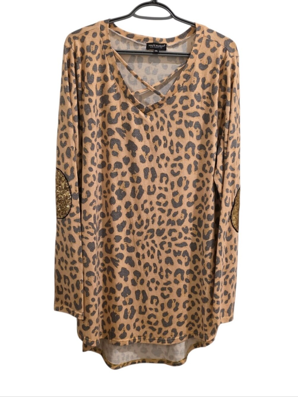 Simply Southern Leopard Print Tunic Top XXL Gold Sequin Elbow Patches